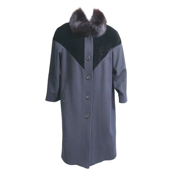 ALORNA by Forstmann  Wool Coat embossed velvet Real Fur Collar Black Retro S/M P - Picture 1 of 7